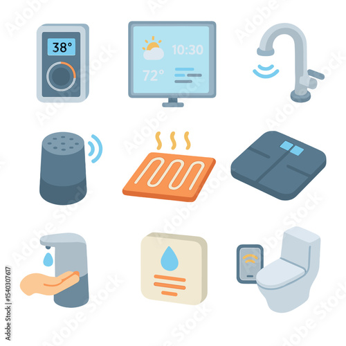 Smart Bathroom Technology Icons. Isometric Flat icon set of smart bathroom technology: digital shower controller, smart mirror