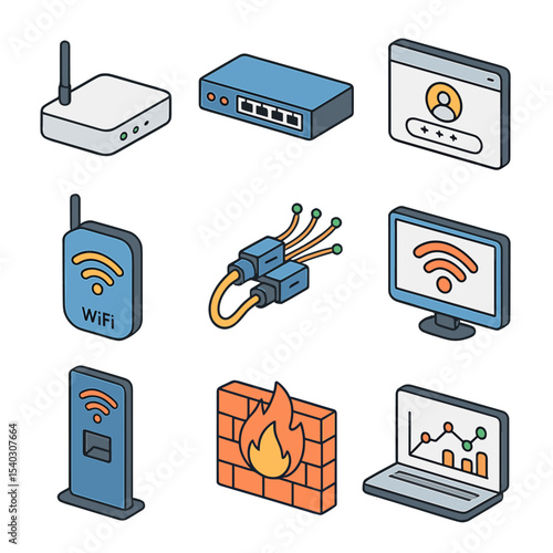 Smart Wi-Fi Icon Set. Isometric Flat icon set of smart public Wi-Fi: Wi-Fi access point, network switch, user login portal, signal