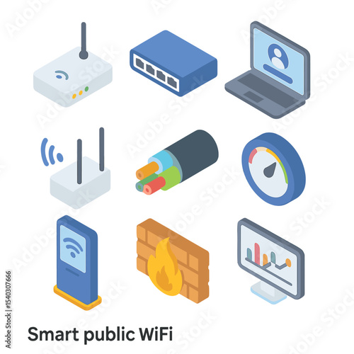 Smart Wi-Fi Icon Set. Isometric Flat icon set of smart public Wi-Fi: Wi-Fi access point, network switch, user login portal, signal