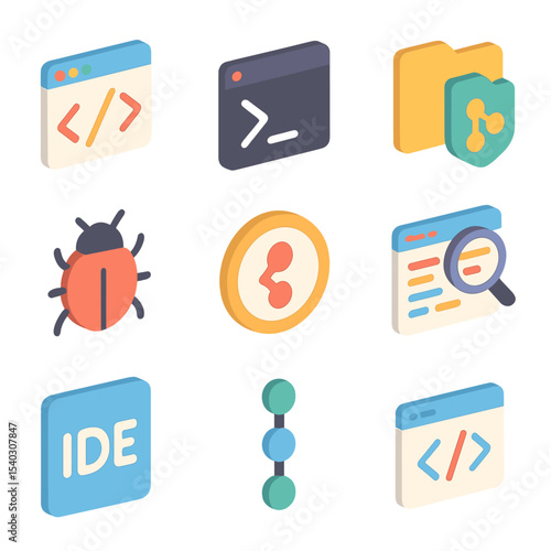 Software Tools Icon Set. Isometric Flat icon set of software development environment: code editor window, terminal, repository
