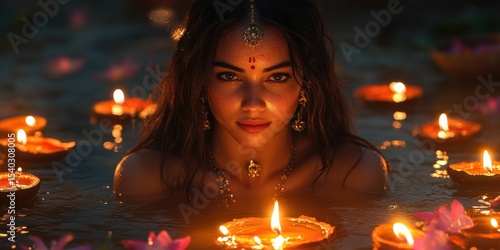 Indian woman in water surrounded by floating candles