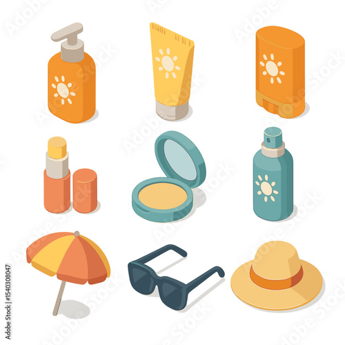 SPF Products Icon Set. Isometric Flat icon set of SPF and sunblock products: SPF30 pump bottle, SPF50 cream tube, sunscreen stick,