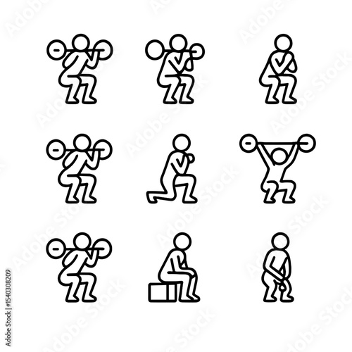 Squat Icon Sampler. Outline icon set of barbell squat variations: back squat, front squat, goblet squat, Zercher squat, split