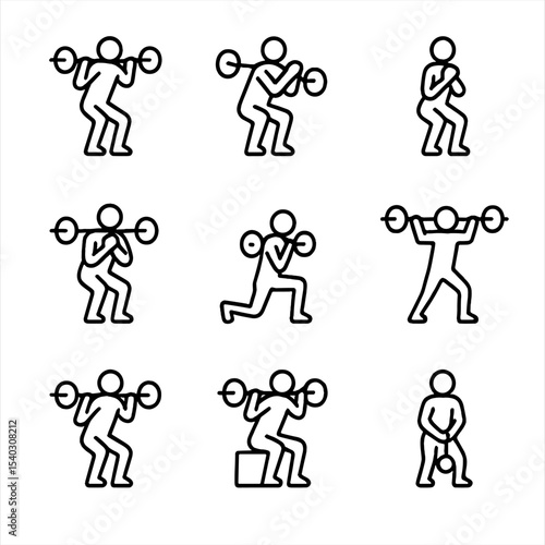 Squat Icon Sampler. Outline icon set of barbell squat variations: back squat, front squat, goblet squat, Zercher squat, split