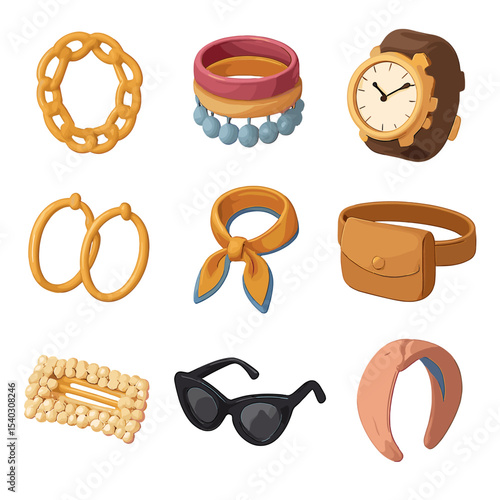 Statement Accessories Icons. Isometric Flat icon set of statement accessories: chunky chain necklace, layered bracelets, oversized