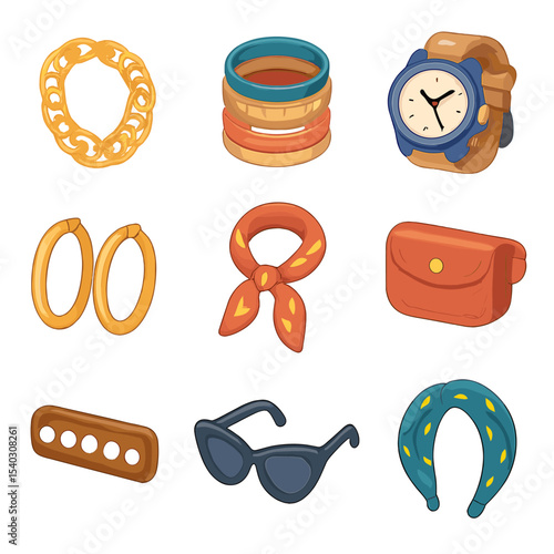Statement Accessories Icons. Isometric Flat icon set of statement accessories: chunky chain necklace, layered bracelets, oversized