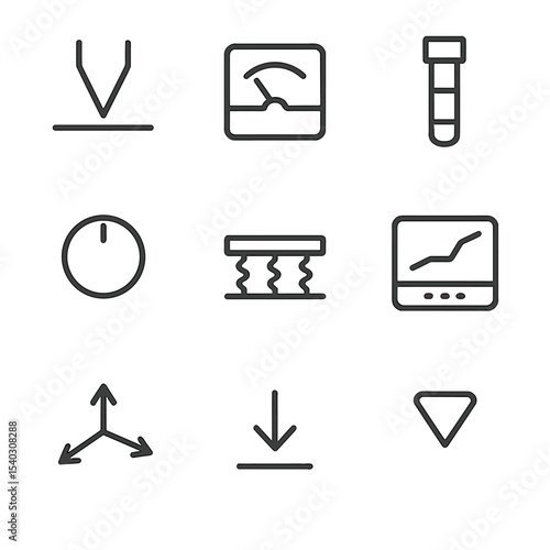 STM Components Icon Set. Outline icon set of scanning tunneling microscope components: STM tip, sample surface, tunneling current