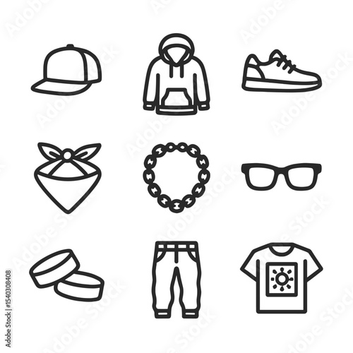 Street Fashion Icons. Outline icon set of street fashion accessories: snapback cap, hoodie, sneakers, bandana, gold chain,