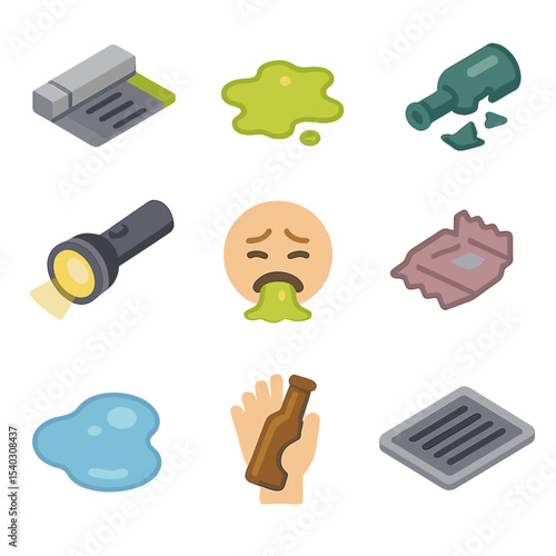 Street Mishap Icons. Isometric Flat icon set of roadside vomiting scenario: gutter, vomit puddle, broken bottle, flashlight,
