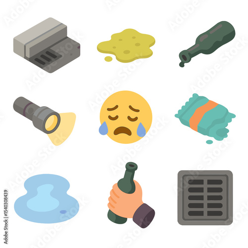 Street Mishap Icons. Isometric Flat icon set of roadside vomiting scenario: gutter, vomit puddle, broken bottle, flashlight,