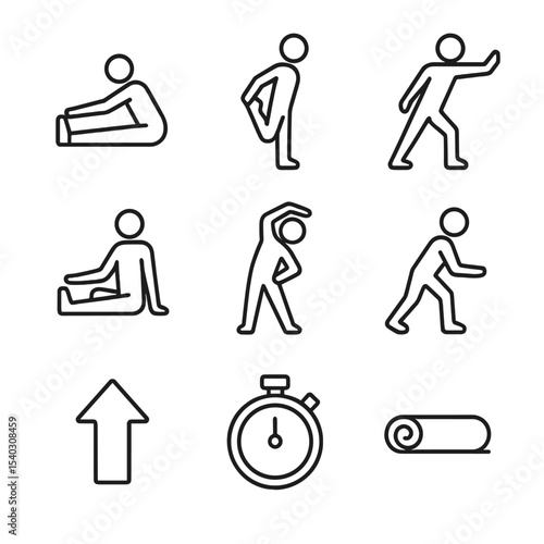 Stretching Icons Set. Outline icon set of stretching exercises: hamstring stretch, quadriceps stretch, calf stretch, seated