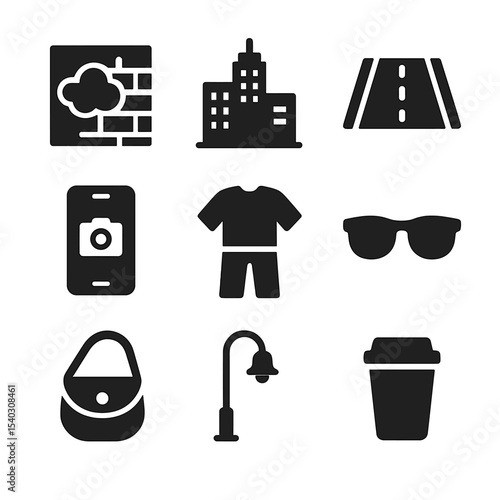 Street Style Icons. Solid, Filled icon set of street style photography: graffiti wall, urban skyline, sidewalk, camera phone,