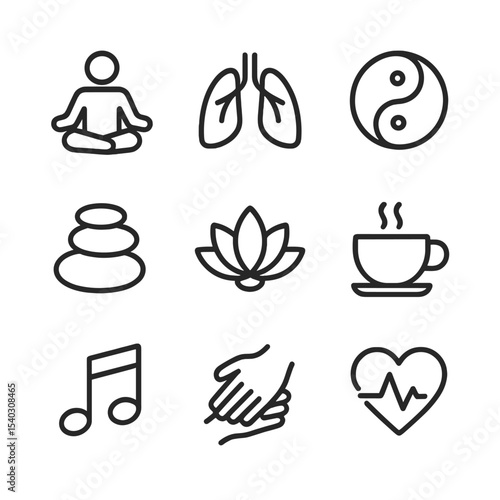 Wallpaper Mural Stress Relief Icons. Outline icon set of stress management methods: meditation pose, breathing lungs, yin yang, spa stone, lotus Torontodigital.ca