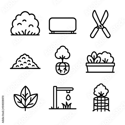 Street Shrub Icons. Outline icon set of street shrubs: shrub bush, trimmed hedge, pruning shears, mulch layer, root ball, planter