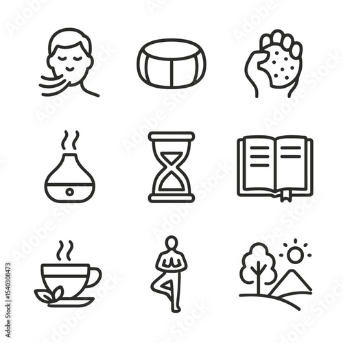 Stress Management Icons. Outline icon set of stress management techniques: breathing exercise, meditation cushion, stress ball,