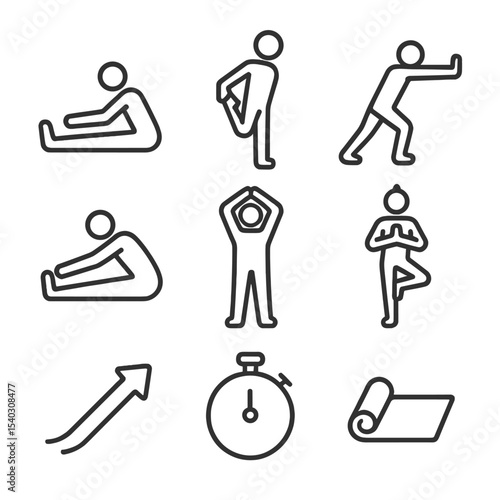 Stretching Icons Set. Outline icon set of stretching exercises: hamstring stretch, quadriceps stretch, calf stretch, seated
