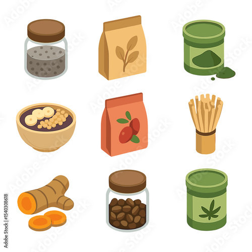 Superfood Icon Set. Isometric Flat icon set of superfood highlights: chia seeds jar, flaxseed pouch, spirulina powder tin, acai