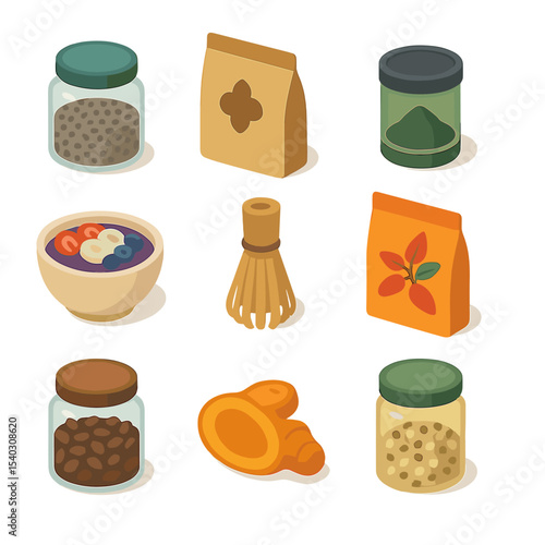 Superfood Icon Set. Isometric Flat icon set of superfood highlights: chia seeds jar, flaxseed pouch, spirulina powder tin, acai