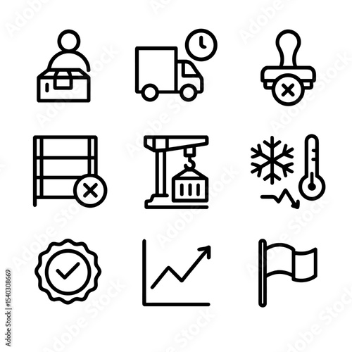 Supply Chain Icon Set. Outline icon set of supply chain vulnerability: single supplier icon, transit delay truck, customs hold