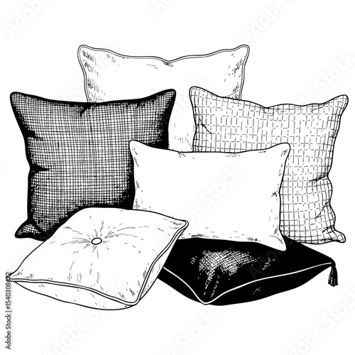 Bunch of Cushions Doodle Illustration – Hand-Drawn Black and White Line Art on Transparent Background