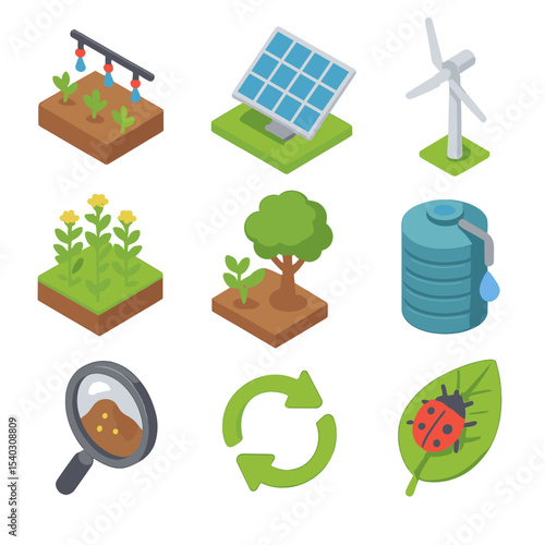 Sustainable Agriculture Icons. Isometric Flat icon set of Sustainable Agriculture Techniques: drip irrigation system, solar panel