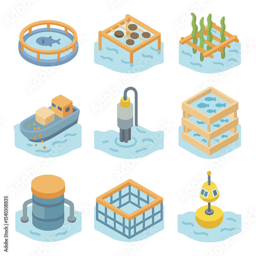 Sustainable Aquaculture Icons. Isometric Flat icon set of sustainable aquaculture farming: fish cage pen, oyster rack, seaweed
