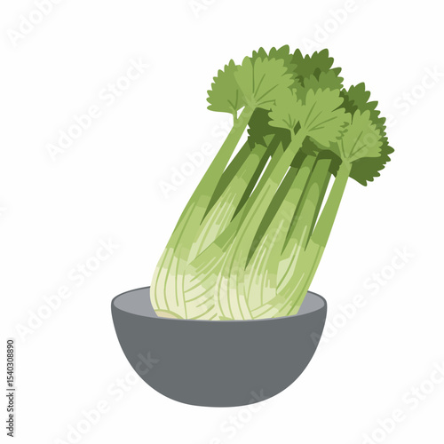 Fresh celery stalks with leafy tops arranged in a gray bowl, angled view