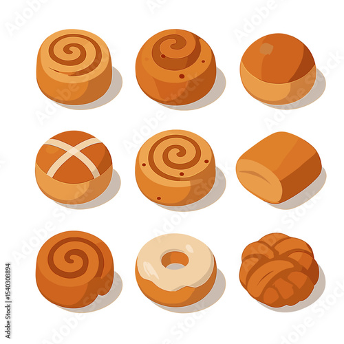Sweet Rolls Icon Set. Isometric Flat icon set of sweet rolls and buns: cinnamon roll, sticky bun, brioche bun, hot cross bun,