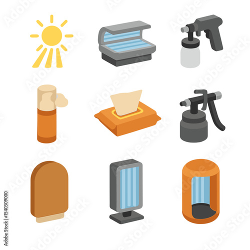 Isometric Tanning Icons. Isometric Flat icon set of tanning methods: natural sunlight beam, tanning bed lamp, spray tan gun,