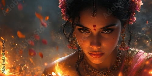 Indian Woman with Flowers and Jewelry Holding Burning Offering for Devotion