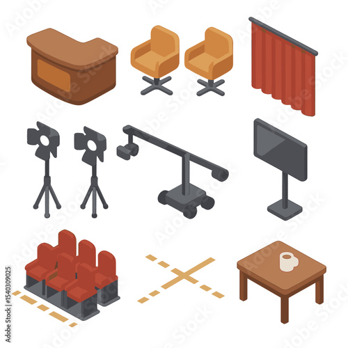 Talk Show Studio Icons. Isometric Flat icon set of talk show studio design: host desk, guest chairs, backdrop curtain, studio