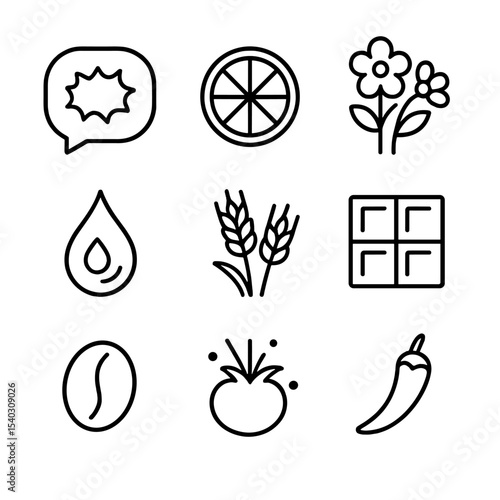 Tasting Notes Icons. Outline icon set of tasting notes: bitter bubble, citrus slice, floral bouquet, caramel drop, roasted grain,