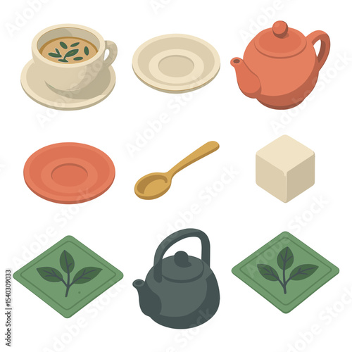 Tea Leaf Reading Set. Isometric Flat icon set of tea leaf reading items: teacup, tea saucer, tea leaves in cup, teapot, saucer