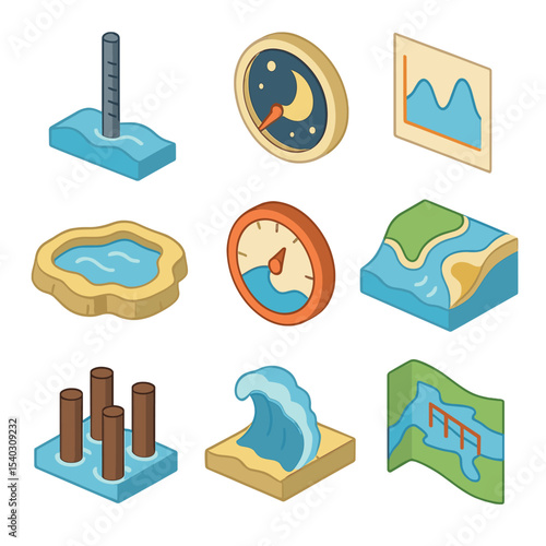 Tidal Phenomena Icons. Isometric Flat icon set of tidal phenomena and indicators: tidal gauge, moon phase indicator, tide chart,