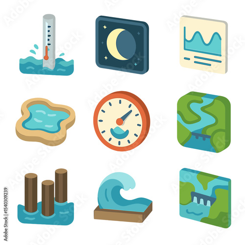 Tidal Phenomena Icons. Isometric Flat icon set of tidal phenomena and indicators: tidal gauge, moon phase indicator, tide chart,