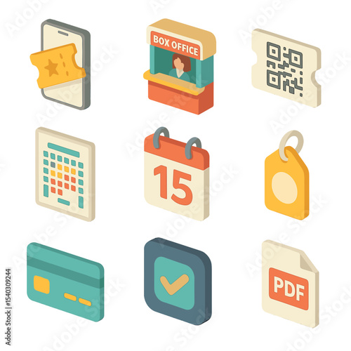 Ticketing Icon Set. Isometric Flat icon set of ticketing and programs: online ticket, box office booth, QR-code ticket, seating