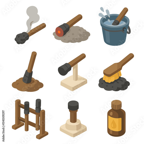 Torch Care Icons. Isometric Flat icon set of post-use torch care: extinguished flame, cooled ember, water dunking, ember burial,
