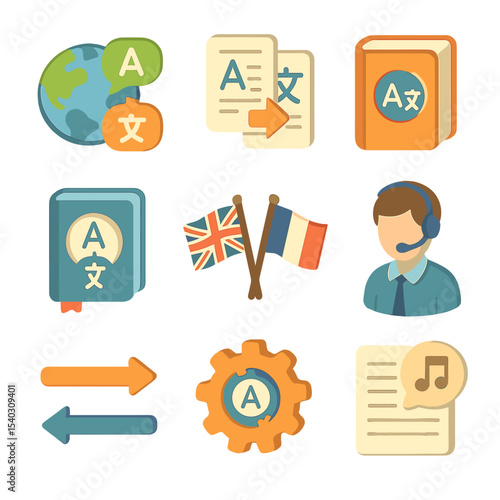 Translation Icon Set. Isometric Flat icon set of Translation and Multilingual Poetry: globe with speech bubbles, bilingual text
