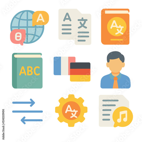 Translation Icon Set. Isometric Flat icon set of Translation and Multilingual Poetry: globe with speech bubbles, bilingual text