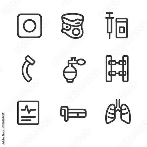 Trauma Procedure Icons. Outline icon set of trauma stabilization procedures: chest seal, cervical collar, needle decompression kit