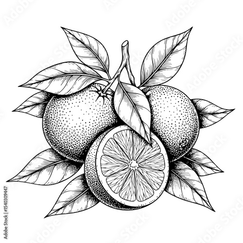 Orange Fruits with Leaves Doodle Illustration – Hand-Drawn Black and White Line Art on Transparent Background