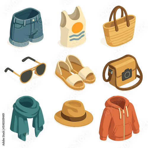 Travel Influencer Icon Set. Isometric Flat icon set of travel influencer looks: denim shorts, graphic tank, straw tote bag,