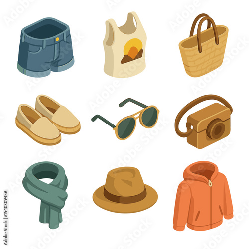 Travel Influencer Icon Set. Isometric Flat icon set of travel influencer looks: denim shorts, graphic tank, straw tote bag,