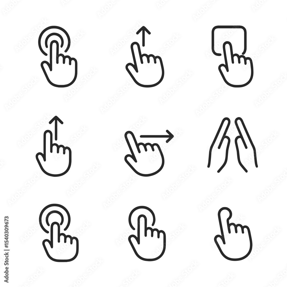 Fototapeta premium UI Interaction Icons. Outline icon set of user interface interactions: click, drag, drop, hover, scroll, swipe, pinch, zoom, long