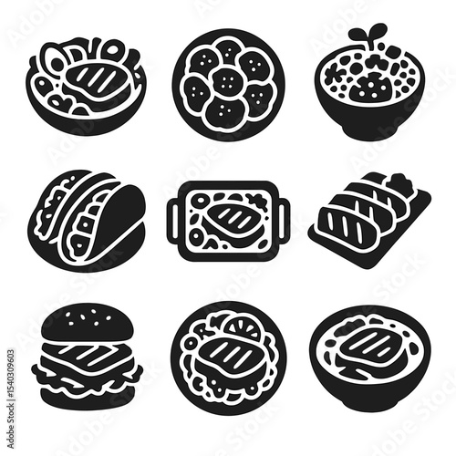Wallpaper Mural Tuna Dish Icons. Solid, Filled icon set of global tuna steak dishes: Niçoise salad, tuna carpaccio, poke bowl, tuna steak tacos, Torontodigital.ca