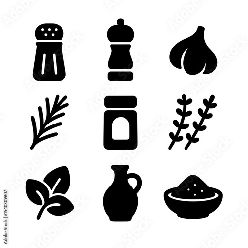 Turkey Spice Icons. Solid, Filled icon set of turkey seasonings and rubs: salt shaker, pepper grinder, garlic clove, paprika jar,