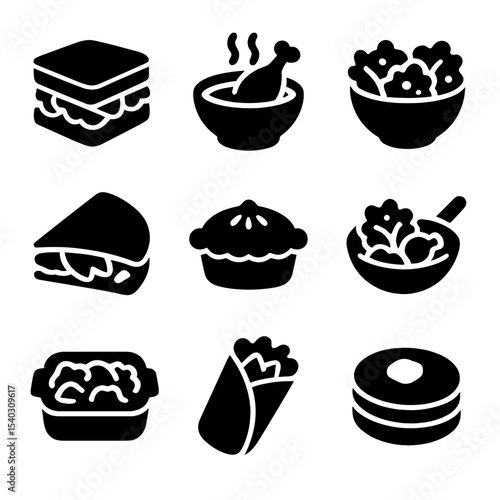 Turkey Leftovers Icons. Solid, Filled icon set of turkey leftovers dishes: turkey sandwich, soup bowl, salad bowl, quesadilla, pot