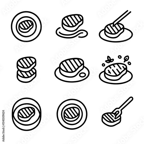 Tuna Steak Plating Icons. Outline icon set of tuna steak plating and presentation: round plate, sauce swirl, tweezers plating,