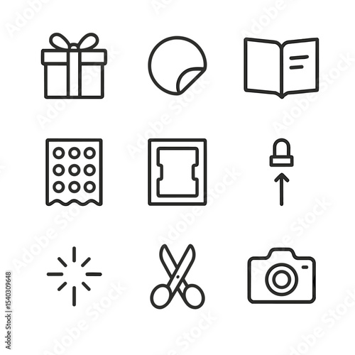 Unboxing Icon Set. Outline icon set of unboxing experience: gift box, peel-off seal, instruction manual, bubble wrap sheet, foam