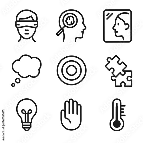 Unconscious Bias Icons. Outline icon set of unconscious bias training modules: blindfold face, magnifying glass on brain, mirror